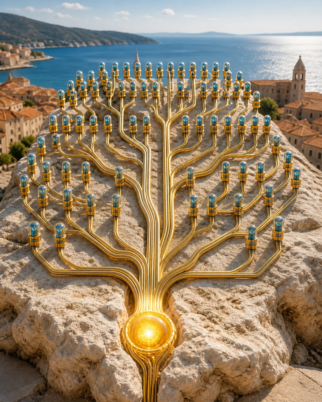 A blue-and-gold branching key structure grows from one glowing root in Adriatic limestone.