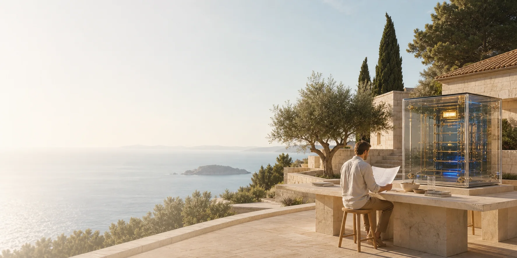 A person reviews a plan beside a transparent blue-and-gold computing structure on a sunlit Adriatic terrace.