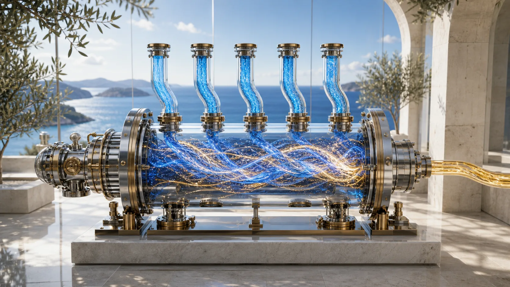 A transparent blue-and-gold entropy machine mixes several streams in a sunlit Mediterranean hall.